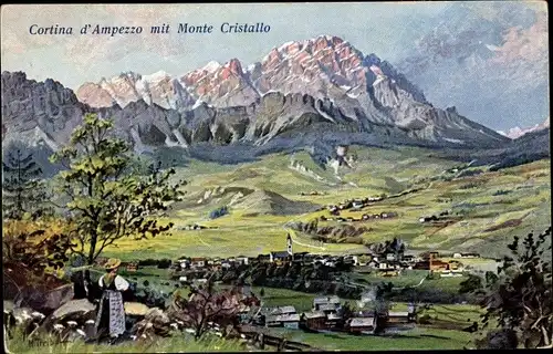 Künstler Ak Treiber, Cortina d'Ampezzo Veneto, Blick auf den Ort, Monte Cristallo