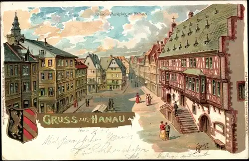 Präge Wappen Künstler Litho Joost, R., Hanau im Main Kinzig Kreis Hessen, Marktplatz mit Rathaus