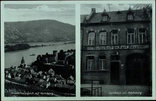 Ak Niederheimbach am Rhein, Gasthaus zur Heimburg, Blick auf den Ort