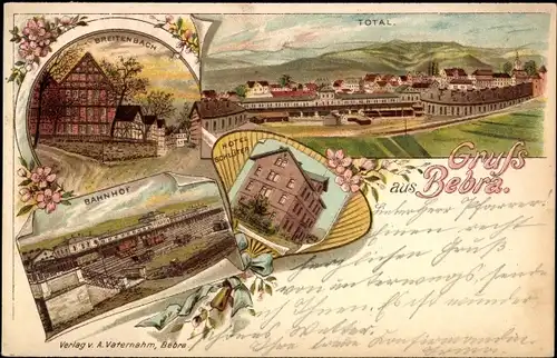 Litho Bebra an der Fulda in Hessen, Totalansicht vom Ort, Breitenbach, Bahnhof, Hotel Schlüter