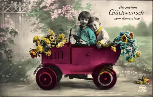 Ak Glückwunsch Namenstag, Kinder in einem Automobil, Blumen