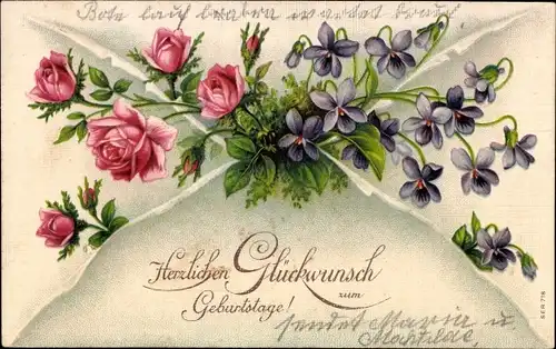 Präge Litho Glückwunsch Geburtstag, Rosen, Veilchen