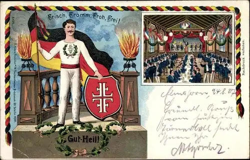 Litho Turner mit Deutschlandflagge und Jahnkreuz, Turnfest, Frisch, fromm, froh, frei, Gut Heil