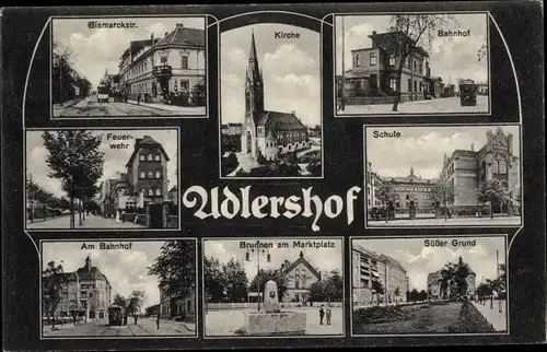 Ak Berlin Treptow Adlershof, Kirche, Bahnhof, Markt, Radicke Schule, Süßer Grund, Feuerwehr