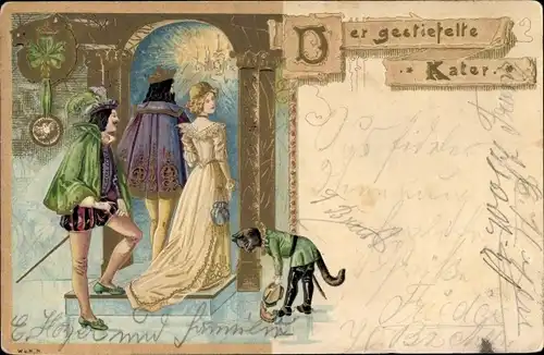 Präge Litho Der gestiefelte Kater, Begrüßung der Gäste, Märchen, Gebrüder Grimm