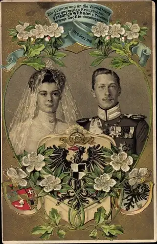Präge Wappen Ak Kronprinz Wilhelm von Preußen, Kronprinzessin Cecilie von Preußen, Hochzeit