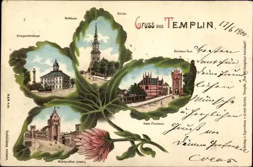 Kleeblatt Litho Templin, Kriegerdenkmal, Rathaus, Kirche, Tor