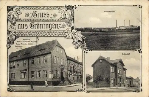 Ak Gröningen in Sachsen Anhalt, Zuckerfabrik, Bahnhof, Gasthof zum deutschen Hause