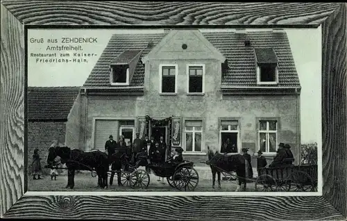 Passepartout Ak Zehdenick in Brandenburg, Amtsfreiheit,Restaurant z. Kaiser-Friedrichs-Hain, Kutsche