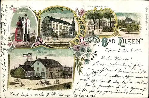 Litho Bad Eilsen in Niedersachsen, Bückeburger Landestracht, Villa Rinne, Hotel Rinne, Arensburg