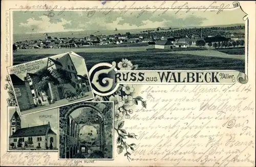 Litho Walbeck Weferlingen in Sachsen Anhalt, Gesamtansicht, Kirche, Domruine, Restaurant