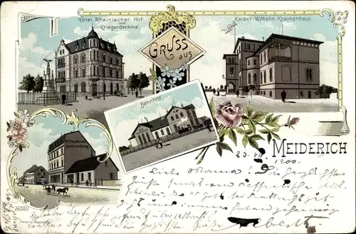 Litho Meiderich Duisburg Ruhrgebiet, Hotel Rheinischer Hof, Bahnhof, Kaiser Wilhelm Krankenhaus