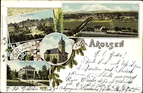 Litho Bad Arolsen in Hessen, Kirche, Blick auf den Ort, Schloss