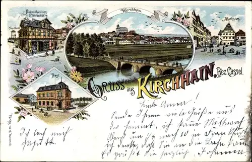 Litho Kirchhain in Hessen, Marktplatz, Fahrradhandlung*, Post, Totalansicht