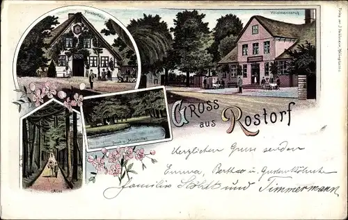 Litho Rostorf Rosdorf in Schleswig Holstein, Forsthaus, Waidmannsruh, Teich, Allee