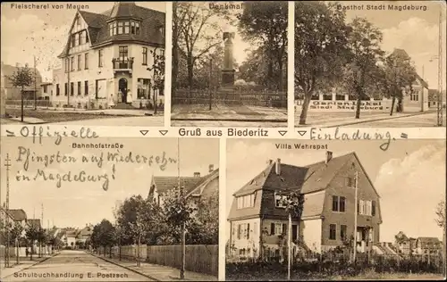 Ak Biederitz Sachsen Anhalt, Kriegerdenkmal, Gasthof Stadt Magdeburg, Bahnhofstraße, Villa Wehrspat