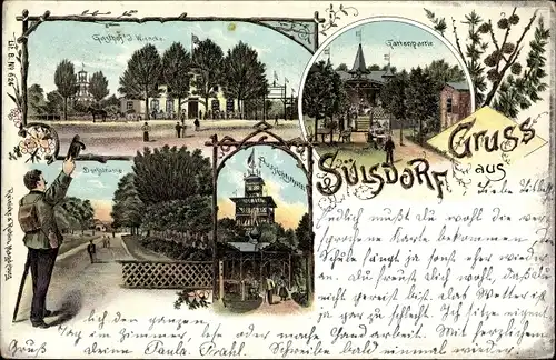 Litho Sülsdorf Selmsdorf in Mecklenburg, Gartenpartie, Dorfstraße, Aussichtsturm, Gasthof