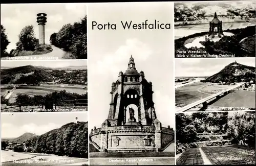 Ak Porta Westfalica an der Weser, Kaiser Wilhelm Denkmal, Freilichtbühne, Weserbrücke