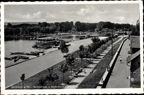 Ak Ginsheim Gustavsburg, Grünanlage und Motorboot Landeplatz