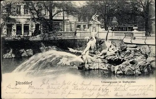 Ak Düsseldorf am Rhein, Tritonengruppe, Stadtgraben