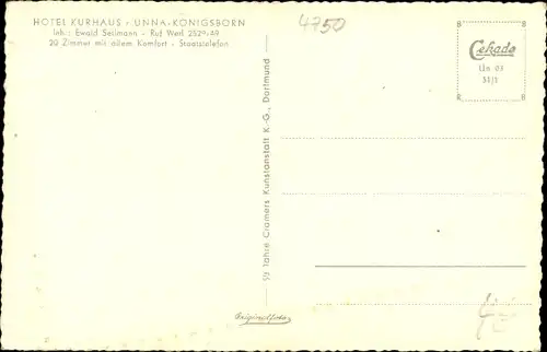 Ak Königsborn Unna im Ruhrgebiet, Hotel-Kurhaus, Ansicht mit Außenterasse, Inh. Ewald Sellmann