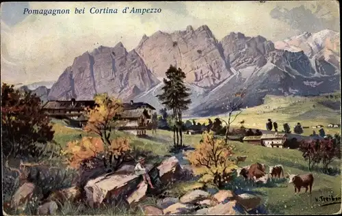 Künstler Ak Treiber, Cortina d'Ampezzo Veneto, Blick auf den Ort, Pomagagnon