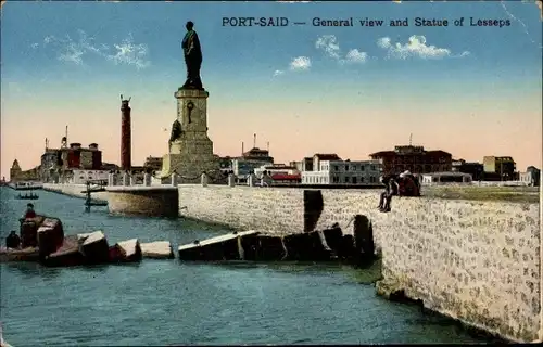 Ak Port Said Ägypten, General view, Statue of Lesseps