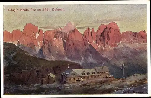 Künstler Ak Rifugio Monte Pez Südtirol, Schlernhäuser, Gesamtansicht