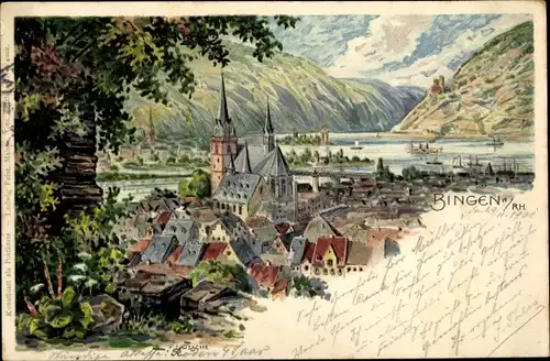 Künstler Litho Nitzsche, F., Bingen am Rhein, Stadt und Umgebung von Burg Klopp aus gesehen