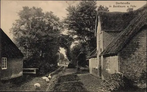 Ak Boldixum Wyk auf Föhr, Die Dorfstraße, Häuser, Gänse