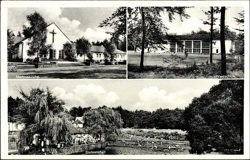 Ak Mittwald Espelkamp in Ostwestfalen Lippe, Martinskirche, Waldschule, Badeanstalt