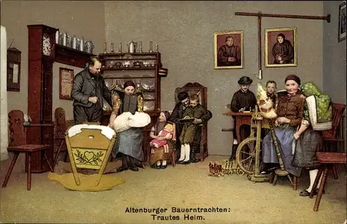 Ak Altenburger Bauerntrachten, Trautes Heim, Spinnrad, Babywiege