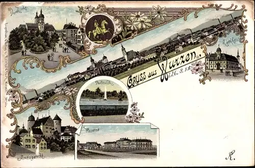 Litho Wurzen in Sachsen, Kaserne, Amtsgericht, Domkirche, Rathaus, Parkteich