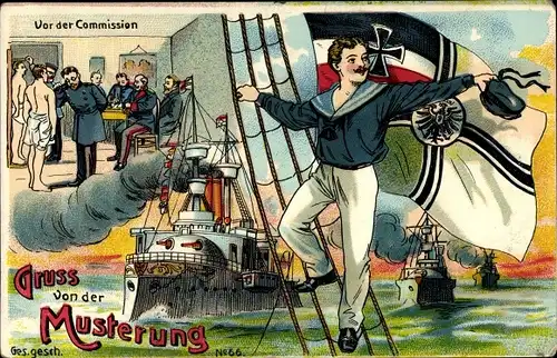 Litho Gruß von der Musterung, Seemann, Kriegsschiffe, Komission