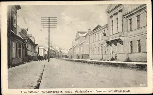 Ak Jelgava Mitau Lettland, Poststraße mit Lazarett und Postgebäude, 1. WK