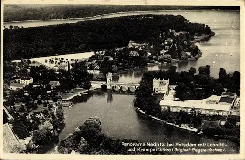 Ak Nedlitz Potsdam in Brandenburg, Lehnitzsee, Krampnitzsee, Panorama, Fliegeraufnahme, Restaurant