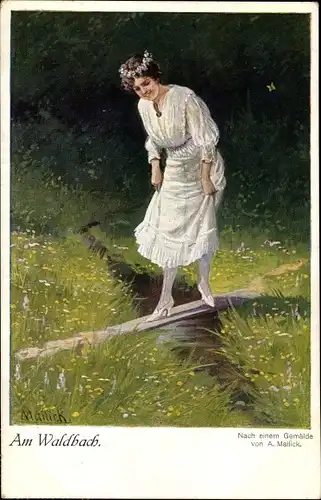 Künstler Ak Mailick, Am Waldbach, Frau in weißem Kleid
