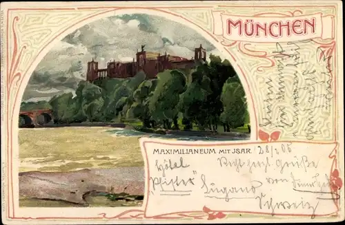 Jugendstil Künstler Litho München, Maximilianeum, Isar