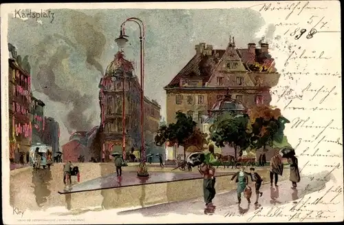 Künstler Litho Kley, Heinrich, München, Karlsplatz bei Regen, Passanten mit Schirmen