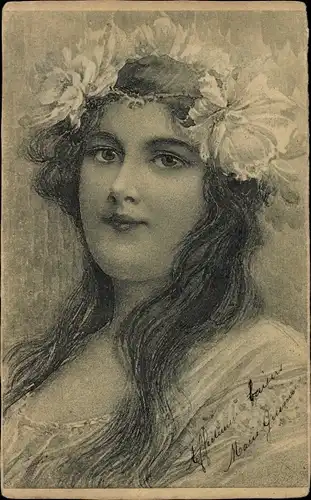 Künstler Ak Frauenportrait, Blumenkranz im Haar