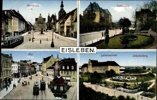 Ak Lutherstadt Eisleben, Ansichten Marktplatz, Schlossplatz, Plan, Scherbelberg mit Lehrerseminar