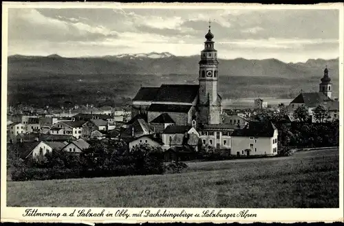 Ak Tittmoning in Oberbayern, Teilansicht vom Ort, Kirche, Blick auf die Salzburger Alpen