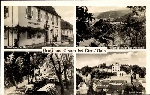 Ak Dhaun im Hunsrück, Panorama, Gasthaus Zur Burg, Terrasse, Brunkenstein