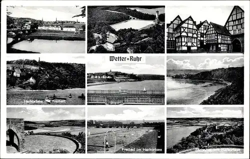 Ak Wetter an der Ruhr, Fachwerkhäuser, Harkortsee, Freibad, Ehrenmal