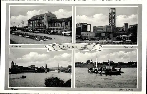 Ak Walsum Duisburg im Ruhrgebiet, Schacht, Rheinfähre, Hafen, Rathaus