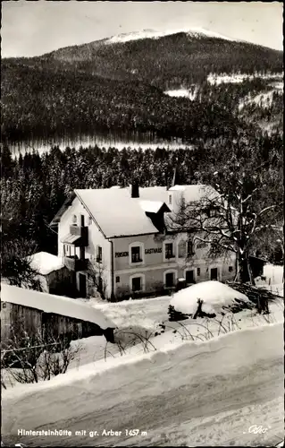 Ak Bayerisch Eisenstein im Bayrischen Wald, Hintersteinhütte mit Gr. Arber