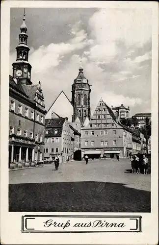 Ak Pirna a.d. Elbe Sachsen, Geschäft Schumann am Marktplatz, Kirche