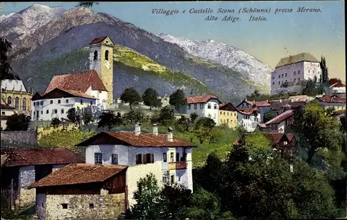 Ak Schönna Schenna bei Meran Merano Südtirol, Villaggio e Castello Scena