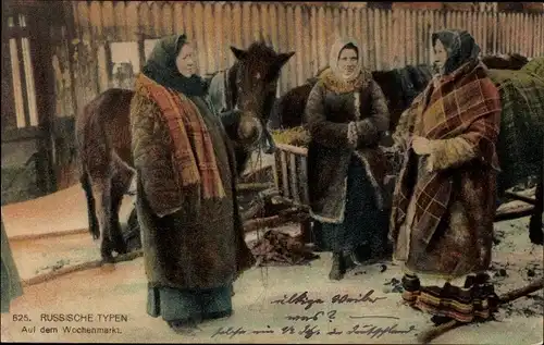 Ak Russische Typen auf dem Wochenmarkt, Frauen, Pferde
