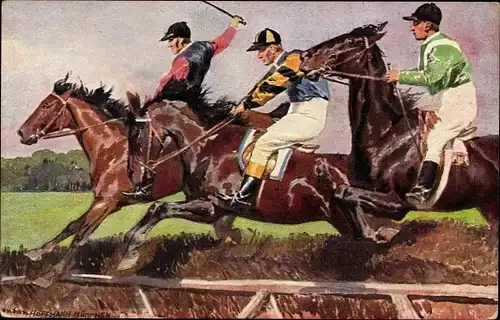 Künstler Ak Hoffmann A., München, Pferderennen, Jockeys